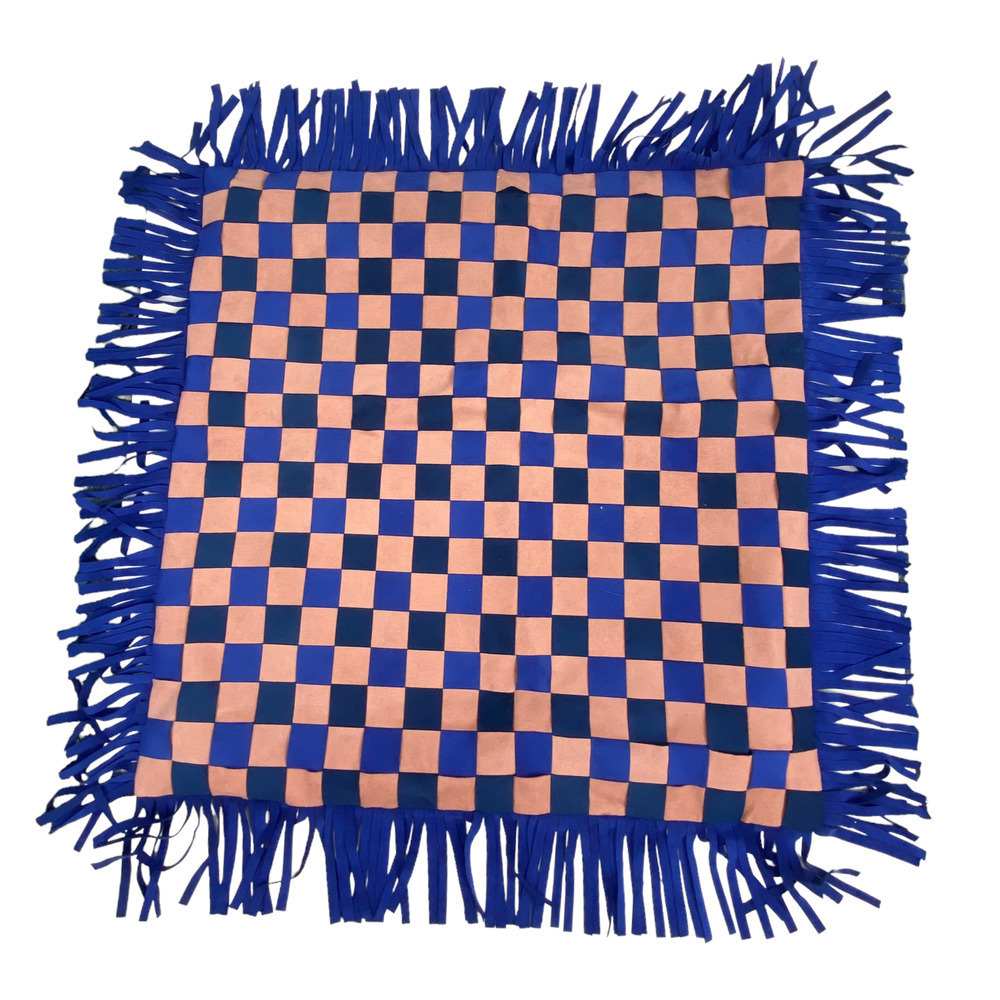 Checkerboard Maximalist Blue Pink Fringe Faux Suede Pillow Sham